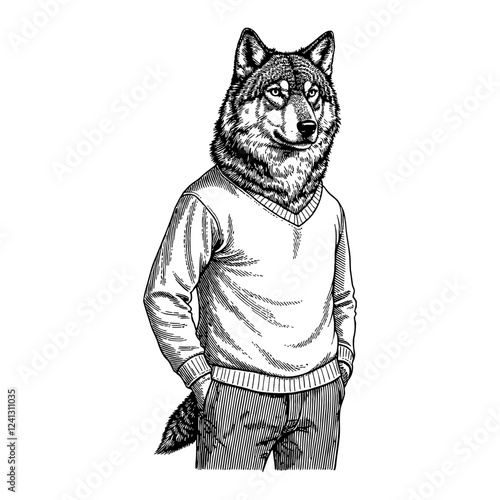 Wolf Humanoid in Sweater Detailed Black and White Outline Line Art Drawing Character Design