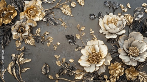 Floral wall relief with golden and silver detailing showcases intricate craftsmanship in a modern interior design