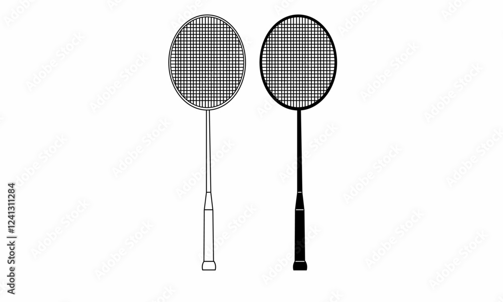 Black and white vector illustration of two badminton rackets. Perfect for sports designs, logos, icons, posters, and digital or print projects related to badminton. Black and white vector illustration of two badminton rackets. Perfect for sports designs, logos, icons, posters, and digital or print projects related to badminton.