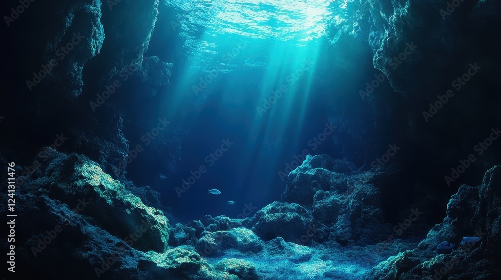 Fototapeta premium Sunbeams Illuminate Deep Ocean Cave With Rocks and Fish