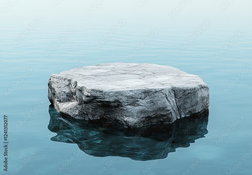 Naklejka premium A stone podium on the water with a blue background, perfect for product presentation, mockup, or a minimalistic scene. The calm lake water reflects the rocks, creating a serene and tranquil atmosphere