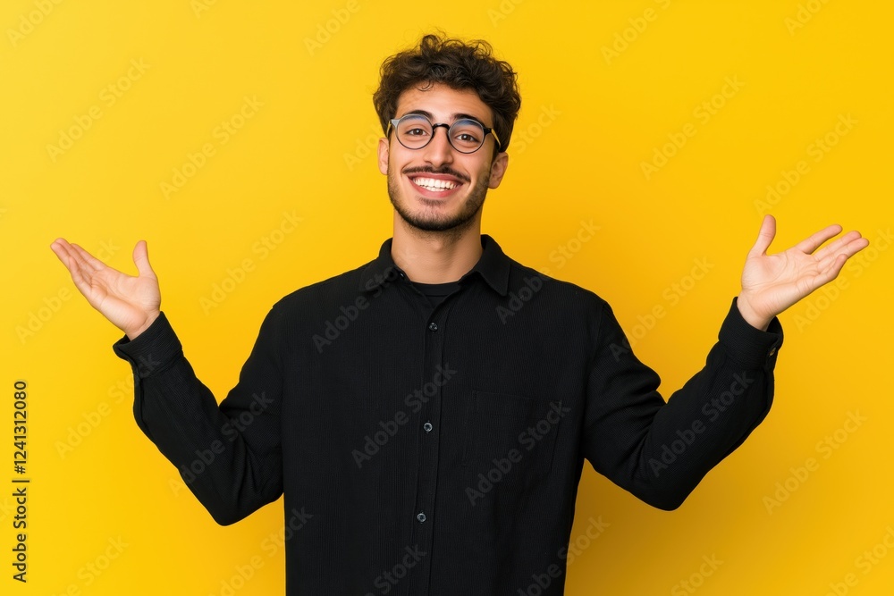 A man with glasses and a smile on his face is standing in front of a yellow background. He is wearing a black shirt and he is giving a thumbs up gesture. Concept of positivity and confidence