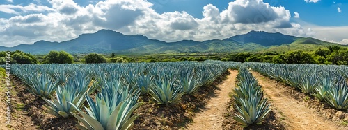 A field of giant cacti and agave plants
