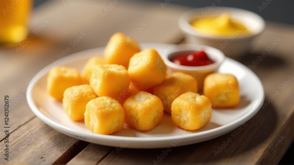 Crispy Fried Cheese Cubes with Ketchup and Mustard Dips Crispy Fried Cheese Cubes with Ketchup and Mustard Dips