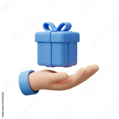 Blue gift box with ribbon, cartoon hand.  3d illustration.