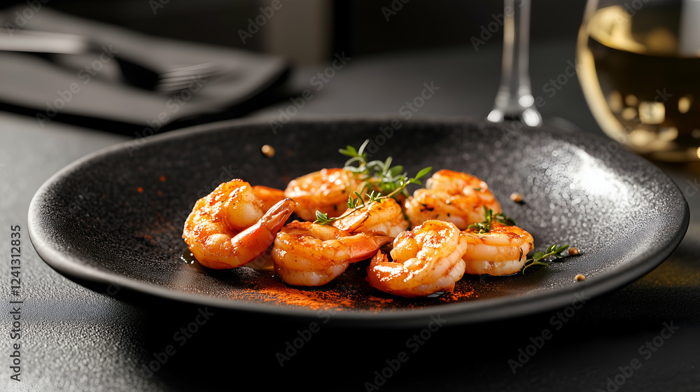 Juicy shrimps in a creamy sauce in restaurant serving. Traditional dishes from cuisines of different countries. Juicy shrimps in a creamy sauce in restaurant serving. Traditional dishes from cuisines of different countries.