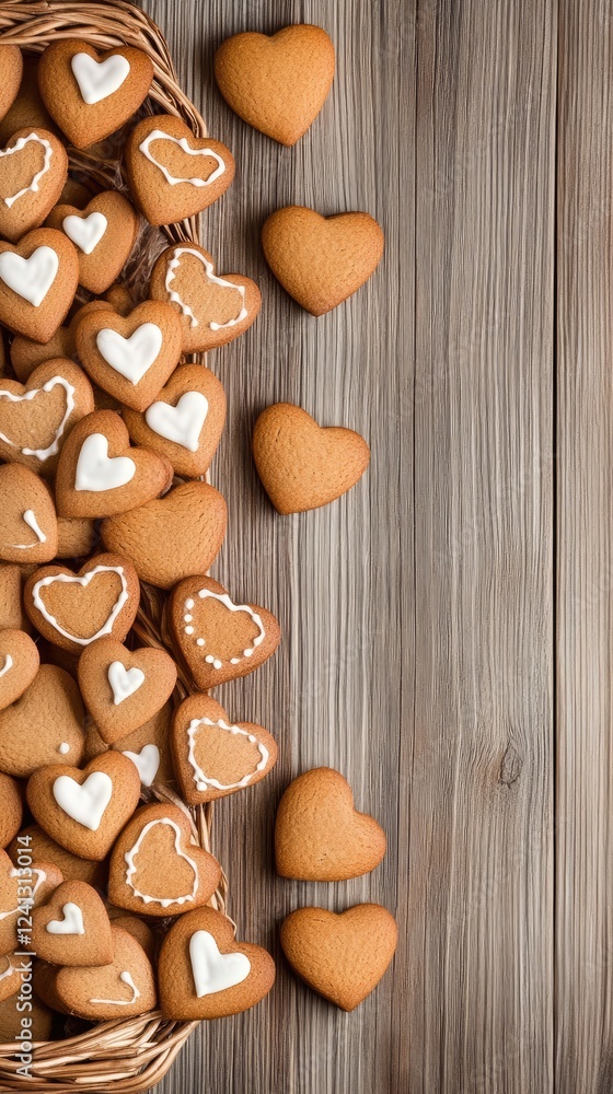 Fototapeta premium A delightful basket filled with heart-shaped cookies, adorned with red, pink, and white icing, perfect for a sweet celebration