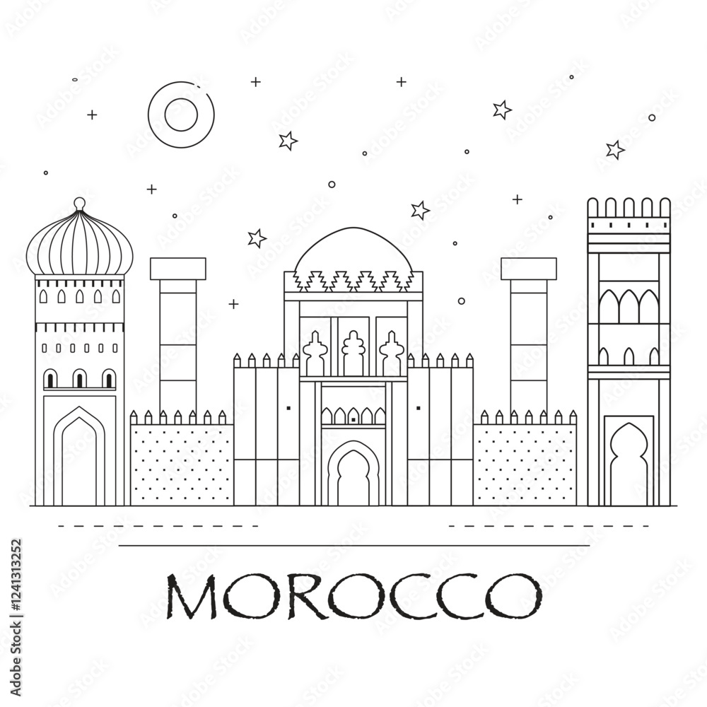 Morocco Skyline Travel Scenes in Line Art