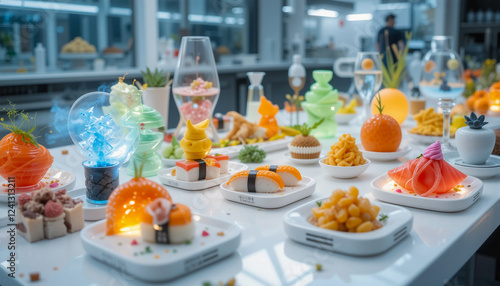 A high-tech feast with 3D-printed sushi, illuminated desserts, and a futuristic kitchen setup. photo