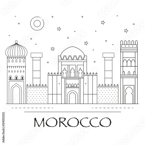 Morocco Skyline Travel Scenes in Line Art