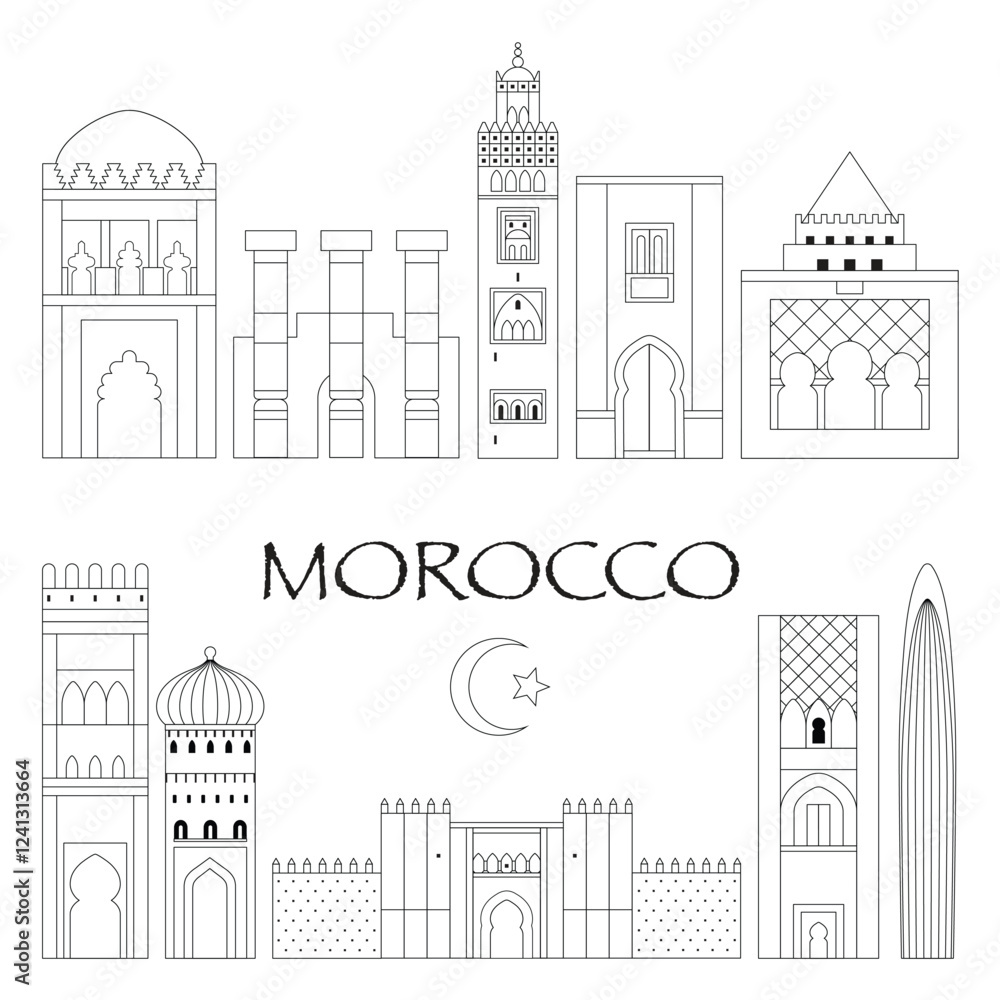 Morocco Skyline Travel Scenes in Line Art