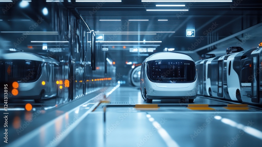 Obraz premium Futuristic Transportation: Autonomous Pods in a Modern Station