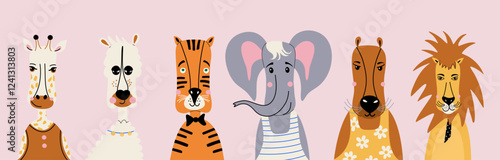 Cute set of wild animals. Funny vibrant colors characters, hand drawn kids collection. Flat style vector illustrations.
