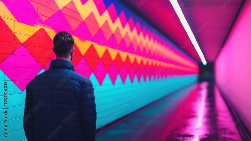A person stands in a vibrant, neon-lit tunnel with colorful geometric patterns on the walls, creating a visually striking scene. A person stands in a vibrant, neon-lit tunnel with colorful geometric patterns on the walls, creating a visually striking scene.