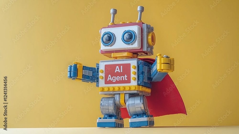 Fototapeta premium A toy-like robot AI agent superhero in a red cape symbolizing agentic creativity, autonomy, and the playful role of assistants in technology and innovation..