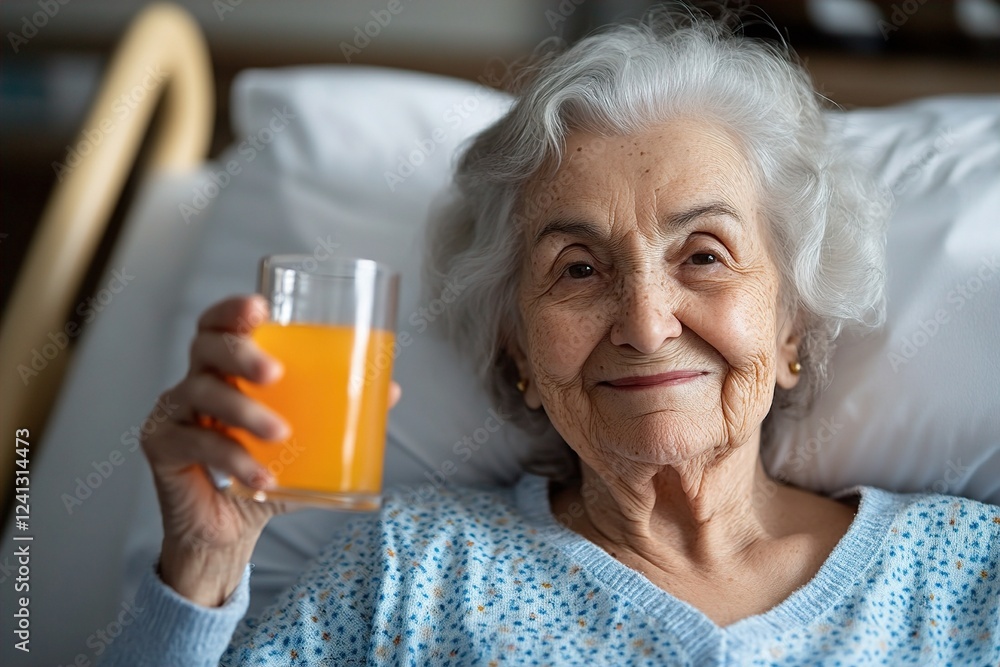 Elderly woman smiling and holding a glass of orange juice in hospital bed, showcasing warmth and resilience. Restorative Pause, Rest and Recovery Elderly woman smiling and holding a glass of orange juice in hospital bed, showcasing warmth and resilience. Restorative Pause, Rest and Recovery