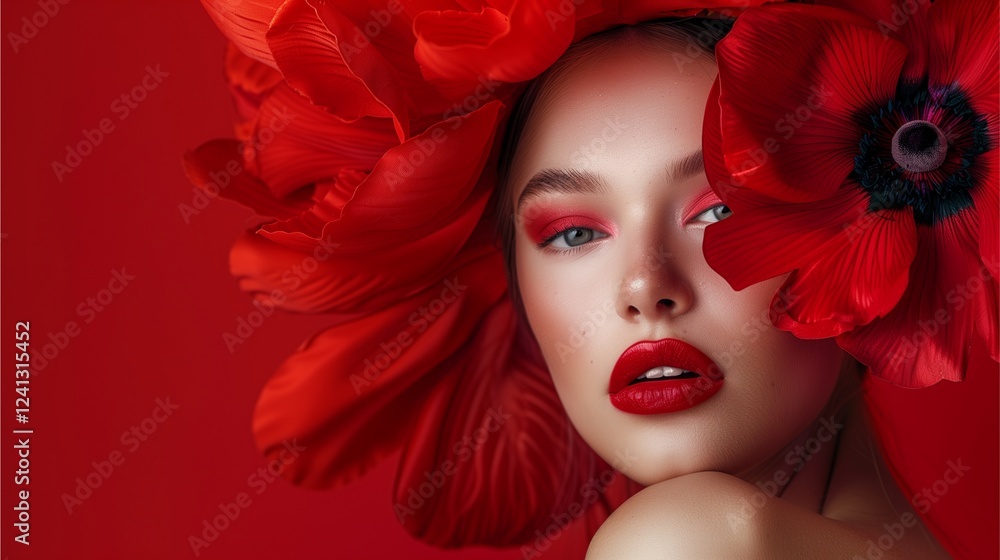 closeup Beautiful woman with make-up wearing red hat and red flower closeup Beautiful woman with make-up wearing red hat and red flower