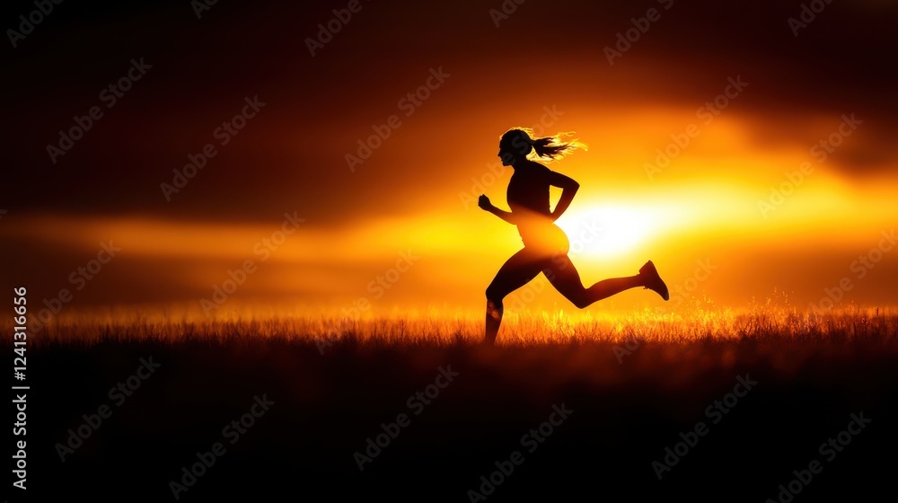 Silhouette of a Woman Running Against a Vibrant Sunset Sky Silhouette of a Woman Running Against a Vibrant Sunset Sky