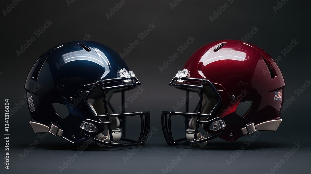 Fototapeta premium Dynamic Football Helmets in Blue and Red Colors Side by Side