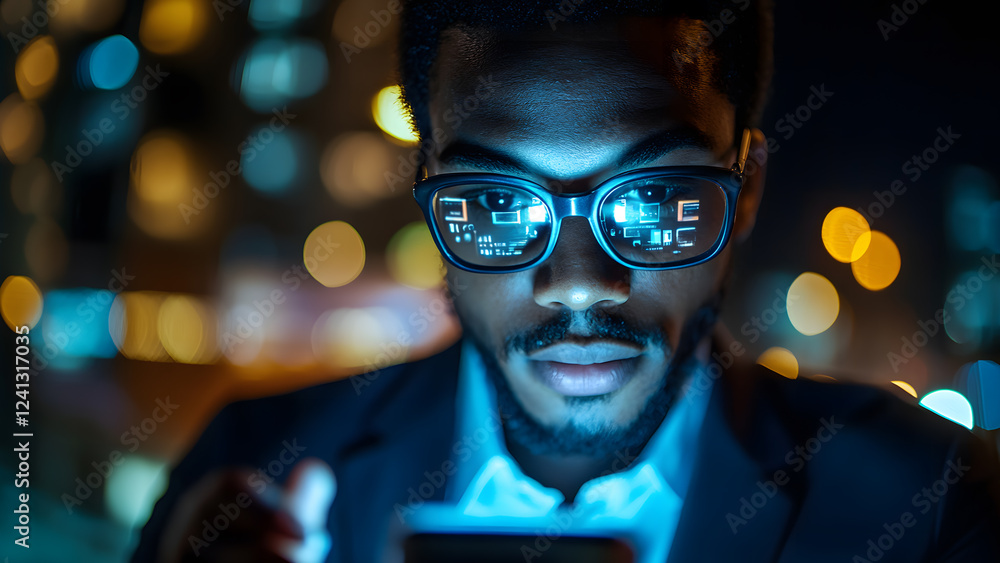 Create an eye-catching 8k image of a business professional man wearing glasses focused on his smartphone while sitting in a modern office environment with bright lighting and productivity