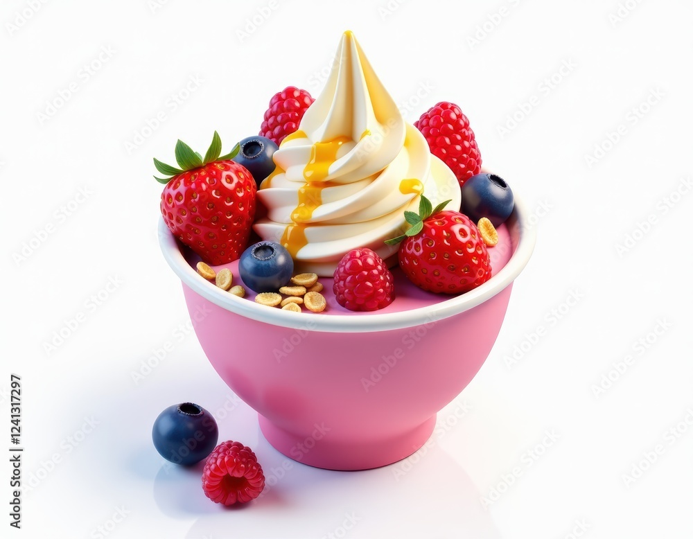 Delicious Frozen Yogurt with Berries and Honey in Pink Bowl Delicious Frozen Yogurt with Berries and Honey in Pink Bowl