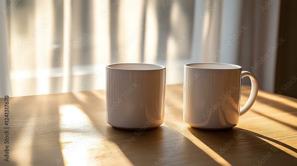 Two white ceramic coffee mugs on wooden table in morning sunlight casting long shadows through window, creating cozy atmospheric scene for lifestyle design. Two white ceramic coffee mugs on wooden table in morning sunlight casting long shadows through window, creating cozy atmospheric scene for lifestyle design.