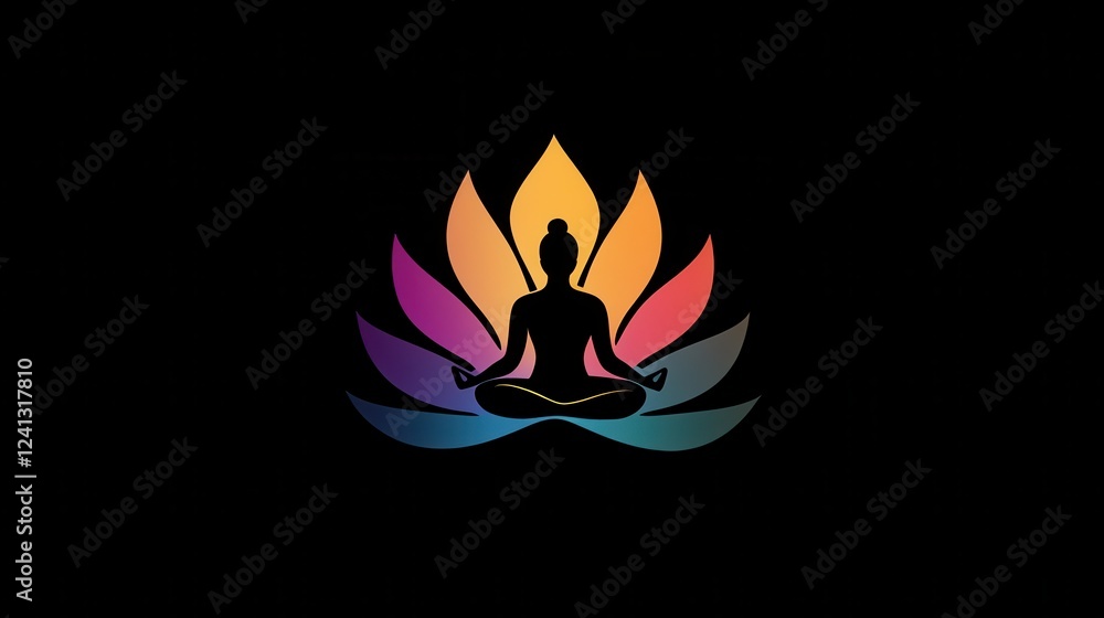 Colorful Meditation Symbol with Lotus Flower and Buddha Silhouette Colorful Meditation Symbol with Lotus Flower and Buddha Silhouette