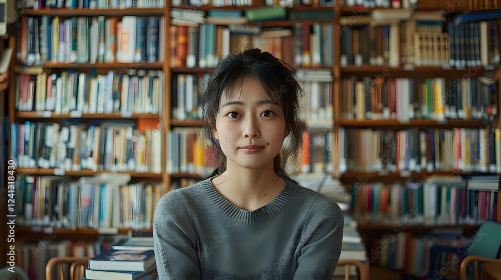 Young Asian woman in gray sweater sitting at library desk with bookshelves background, natural lighting creates warm academic atmosphere for education concepts. Young Asian woman in gray sweater sitting at library desk with bookshelves background, natural lighting creates warm academic atmosphere for education concepts.