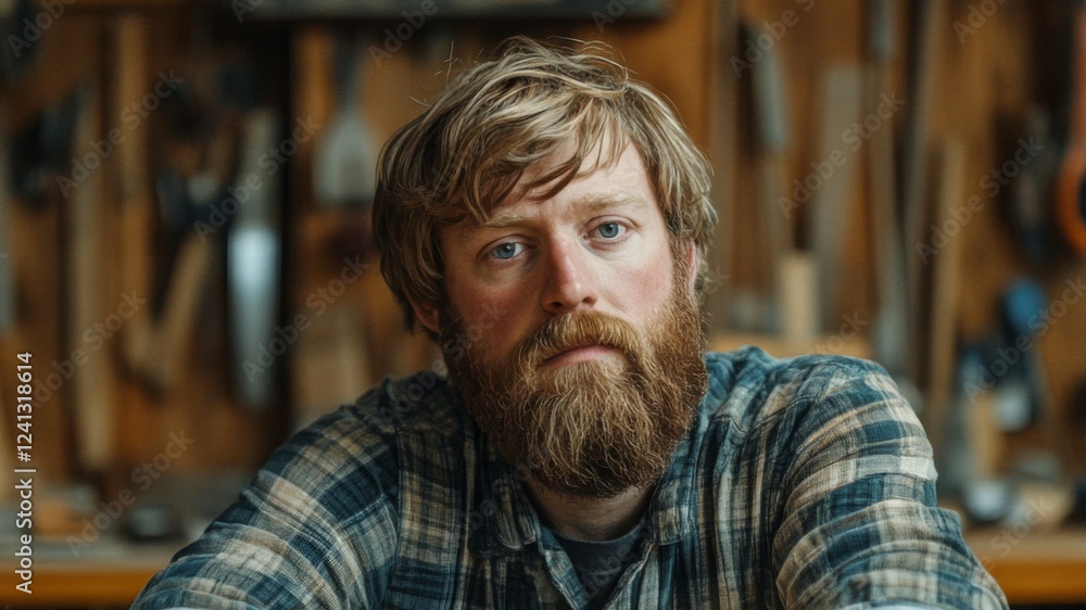 Bearded Carpenter Rests Arms on Workbench in Workshop Bearded Carpenter Rests Arms on Workbench in Workshop