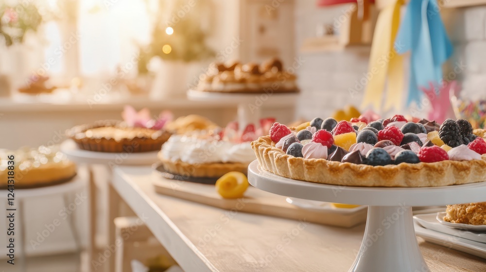 A Table of Sweet Delights: An array of beautifully decorated fruit tarts and pies, showcasing vibrant colors and textures, sits on a kitchen counter, ready for a celebratory gathering. A Table of Sweet Delights: An array of beautifully decorated fruit tarts and pies, showcasing vibrant colors and textures, sits on a kitchen counter, ready for a celebratory gathering.