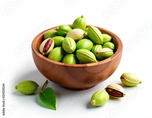 Wallpaper Mural Fresh Jojoba Nuts in Wooden Bowl, Close-Up, White Background Torontodigital.ca
