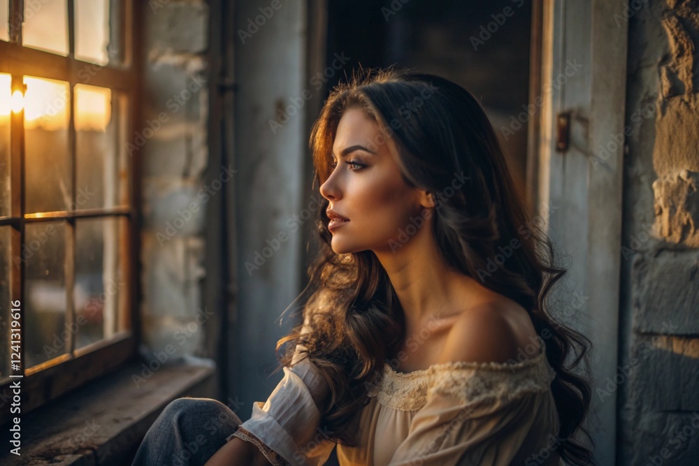 Obraz premium Portrait of a beautiful girl with curly hair at the window of an old house, in which the warm bright sun is shining. A romantic image. Loneliness, emptiness and waiting.