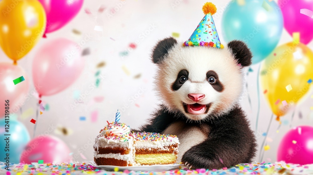 Panda Birthday Celebration: An adorable baby panda, wearing a party hat, enjoys a delicious birthday cake surrounded by colorful balloons and confetti. Panda Birthday Celebration: An adorable baby panda, wearing a party hat, enjoys a delicious birthday cake surrounded by colorful balloons and confetti.