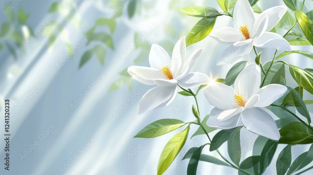 Obraz premium White magnolia flowers in forest sunlight nature close-up