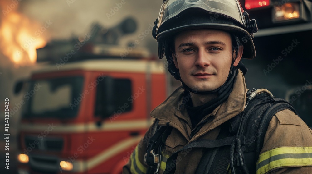 Firefighter Portrait Near Burning Building Scene Firefighter Portrait Near Burning Building Scene