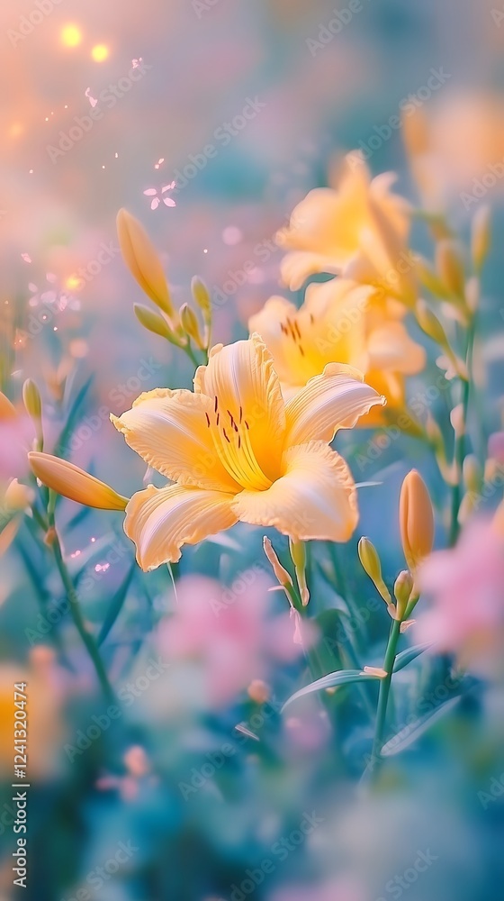 Obraz premium Photo of the ancient Sphinx rock formation Close-up of yellow daylily in full bloom 