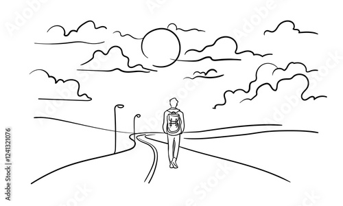 Male person go far away walk alone outdoor life, continuous line art drawing isolated on white background. Loneliness while walking. Vector illustration