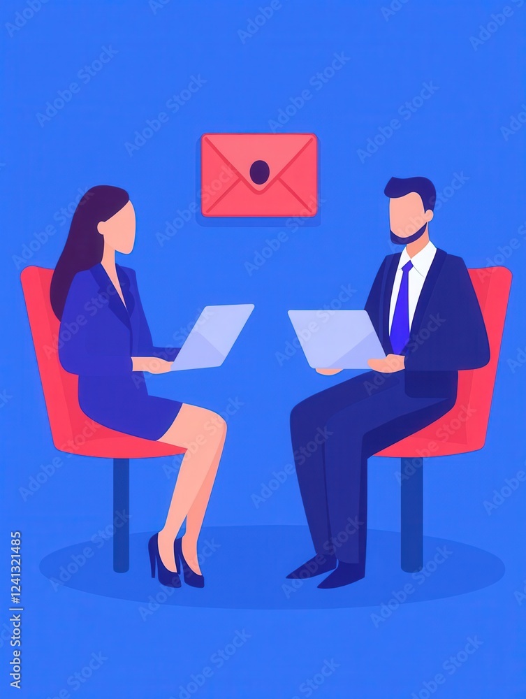 Fototapeta premium Illustration of two business professionals collaborating with laptops, enhancing teamwork and communication in a modern office setting.