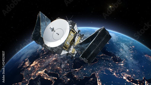 Satellite in Open Space Using its Solar Arrays Beautiful View 3d Animation. Modern Satellite at Earth Orbit for Telecommunication, GPS, Meteorology, Military, Space Exploration. Technology Concept 4k.