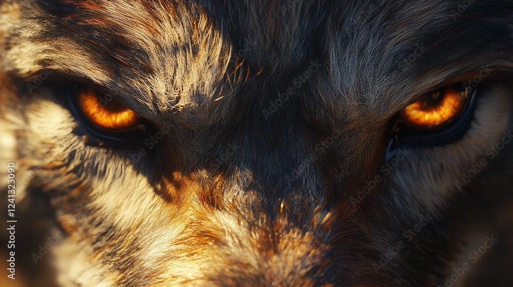Close-up of a wolf's intense, glowing eyes. Close-up of a wolf's intense, glowing eyes.