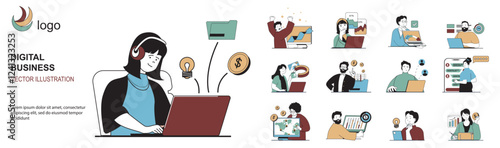 Digital business concept with character situations mega set in flat web design. Bundle of scenes people creating marketing strategy, analyzing data, making e-commerce shop. Vector illustrations.