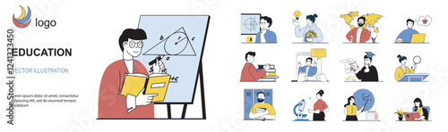 Education concept with character situations mega set in flat web design. Bundle of scenes people learning at online course, training at seminars, listening lessons with sciences. Vector illustrations.