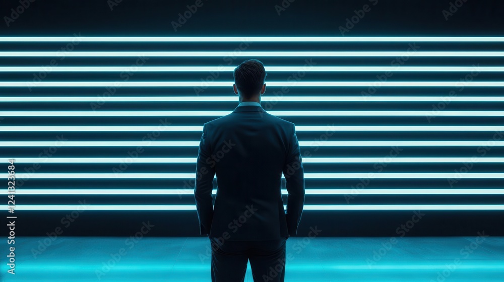 Startup CEO standing in front of a neonlit mission statement, business vision concept Startup CEO standing in front of a neonlit mission statement, business vision concept