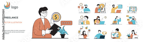 Freelance concept with character situations mega set in flat web design. Bundle of scenes people working online at home, doing tasks remotely and outsource, earning profit. Vector illustrations.