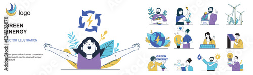 Green energy concept with character situations mega set in flat web design. Bundle of scenes people using alternative energy sources and smart eco technology, saving nature. Vector illustrations.