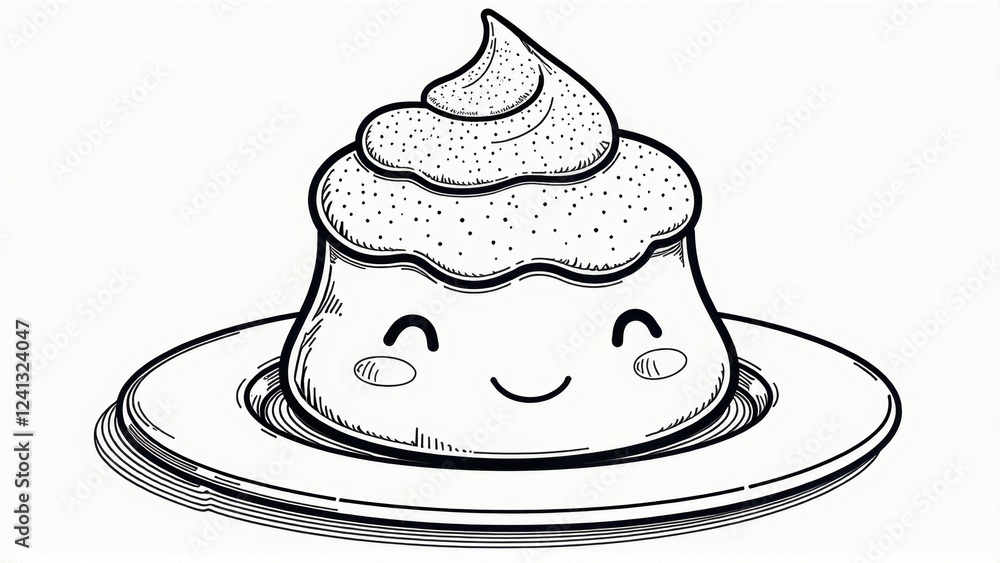 Cute Cartoon Pudding Dessert Illustration - Line Art Drawing Cute Cartoon Pudding Dessert Illustration - Line Art Drawing