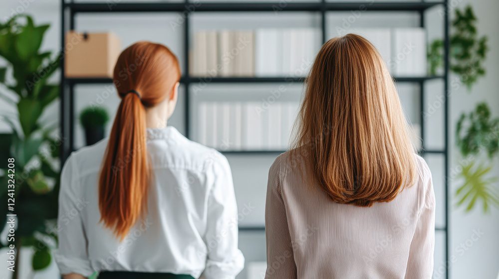 Fototapeta premium Women engaged in conversation modern office lifestyle indoor close-up