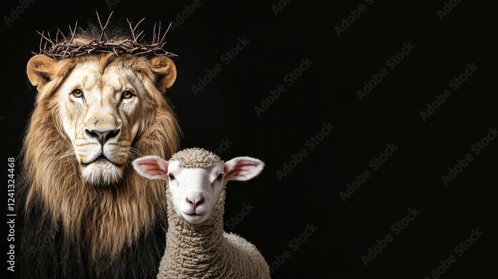 Majestic lion and gentle lamb black background artistic scene Majestic lion and gentle lamb black background artistic scene