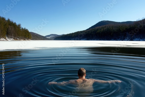 Man Swimming in Tranquil Icy Lake Surrounded by Snow-Covered Mountains