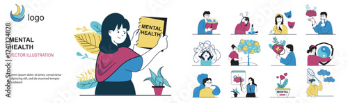 Mental health concept with character situations mega set in flat web design. Bundle of scenes people with emotion problems and positive feeling, consulting with psychologist. Vector illustrations.